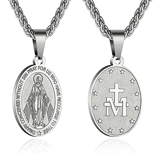 Apsvo Stainless Steel Miraculous Medal Necklace for Men Women Virgin Mary Pendant Necklace, Holy Mother Maria Chain Religious Blessed Jewelry Medulla Milagrosa