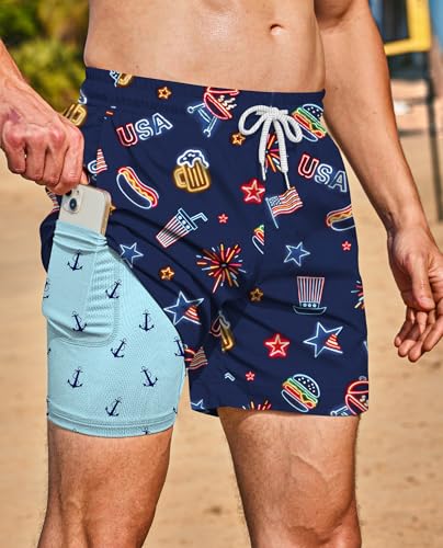 Image of Men's 5'' Swim Trunks with Compression Liner Graphic Beach Dry Fit Lightweight Bathing Shorts (S-XXL)