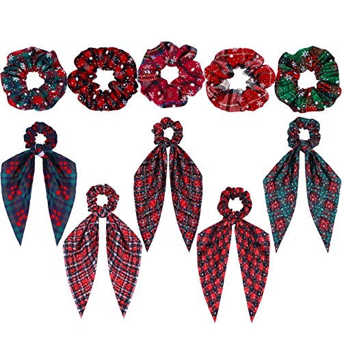 5 Pieces Christmas Hair Scrunchies Soft Elastic Hair Bands Plaid Hair Scrunchy and 5 Pieces Christmas Scrunchies Hair Scarf Ribbon Bow Scrunchies for Women Girl