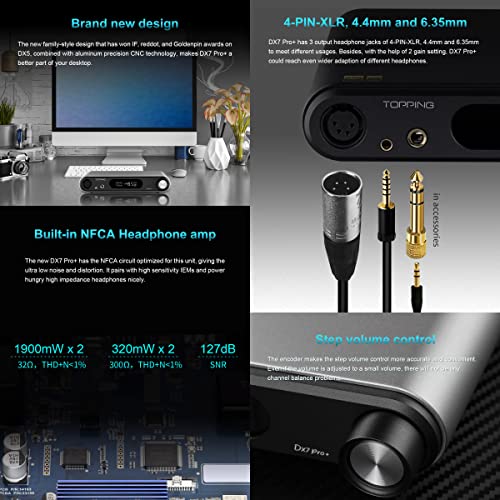 Image of Topping DX7 Pro+ DAC HiFi ES9038PRO NFCA Headphone Amp I /V ConversionUSB /Bluetooth5.1 /Coax /Opt /AES /IIS Input RCA /XLR 4 Pin XLR 4.4mm /6.35mm DSD512 /768kHz Audio Amplifier(Black)