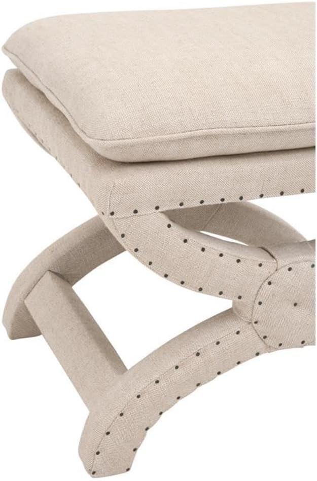 Pemberly Row Contemporary Linen Blend Ottoman, Bisque Beige Upholstery, Pillow Top Cushion, Black Nail Tack Accents, Curved X Base Design, Versatile Seating or Accent Furniture for Living Rooms and