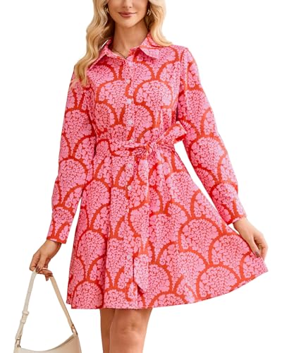 Image of Women's Printed Button Down Shirt Dress Long Sleeve Belted Mini Dress