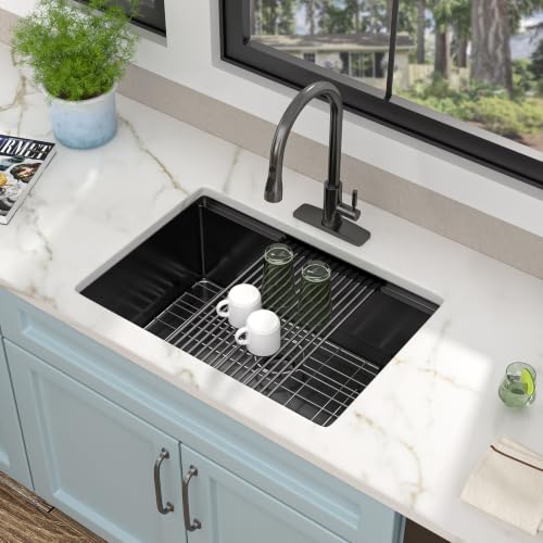 Image of 27 inchx19 inch Gunmetal Black Undermount Workstation Kitchen Sink | 16 Gauge T304 Stainless Steel Deep Single Bowl Basin with Integrated Ledge, Round Corners, Under Counter, Nano-PVD Finish
