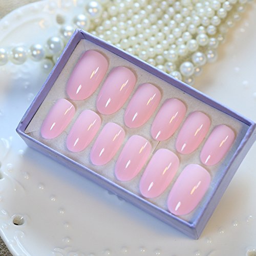 Candy 24 PCS Solid Pink Long Acryli Nail Tips Oval Full Smooth False Nails with Glue Sticker Design