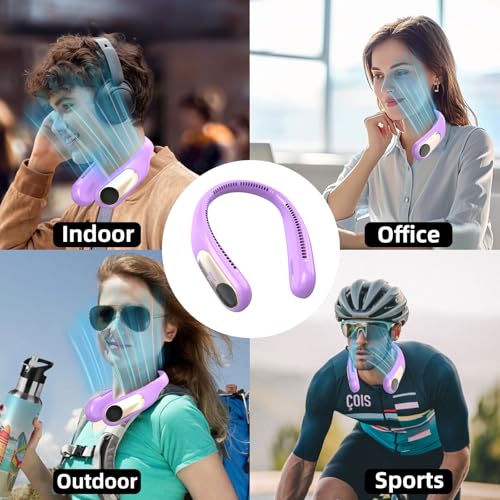 Image of Portable Neck Fan, Personal Wearable Bladeless Fan for Outdoor Indoor, LED Display, 360 Cooling, 4-Speeds, 6000mAh USB Rechargeable, Birthday Gifts for Men Women Dad Mom (Purple)