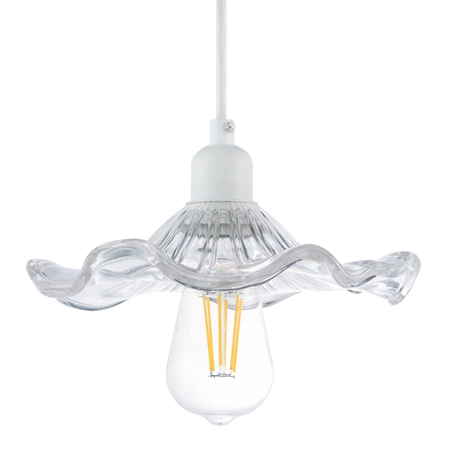 Designer Ribbed Clear Glass Pendant Light Shade with Wavy Ruffled Edge by Hap...