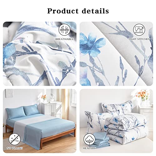 7 Pieces Bed In A Bag Queen Comforter Set With Sheets, Blue Flower Branch On White Botanical Bedding Sets For All Season (1 Comforter, 2 Pillow Shams, 1 Flat Sheet, 1 Fitted Sheet, 2 Pillowcases) #TOP4
