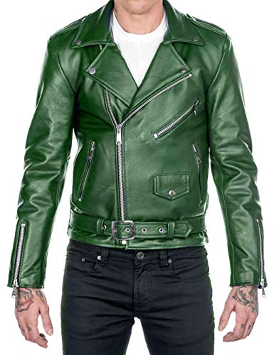 Mens Classic Brando Motorcycle Rider Green Biker Real Leather Jacket, X-Large