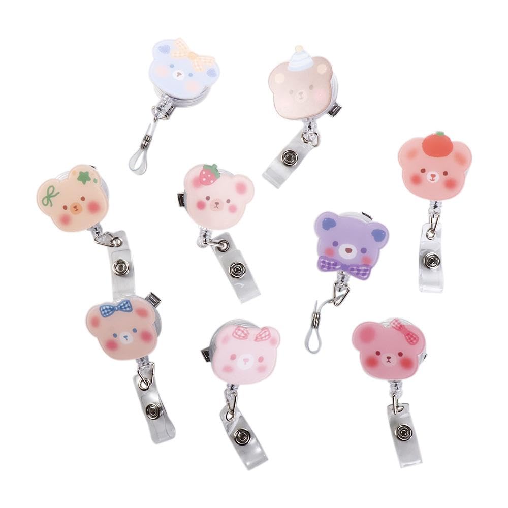 Leadigol 9 Pcs Retractable Badge Reel, Plastic Cartoon Bear Name Card Holder Reel Clip, 70cm Retractable ID Badge Holder with 360 Rotating Clip for
