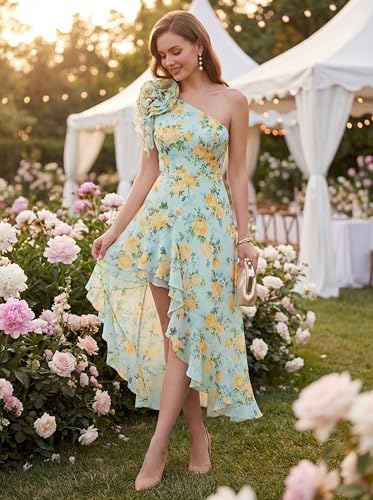 Image of GRACE KARIN Womens Summer One Shoulder Sleeveless Dresses Floral Flowy Ruffle High Low Wedding Guest Maxi Sundresses
