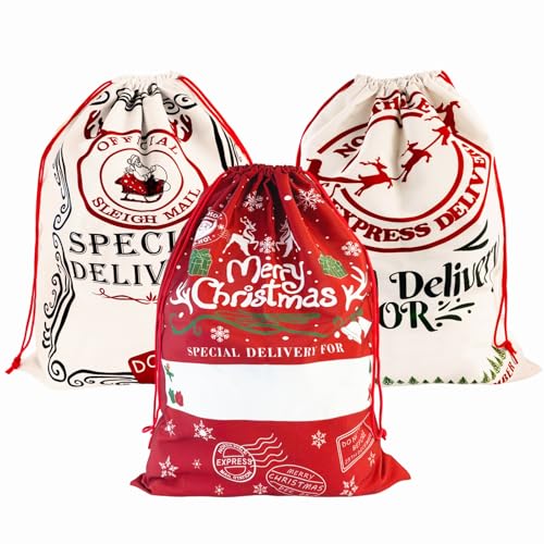CNMTCCO 3 Packs Xmas Gift Bags Santa Canvas Bag With Drawstring 27 X 19 For Party Festival Xmas Package Storage Or Large Package Storage Christmas Large Gift Bags
