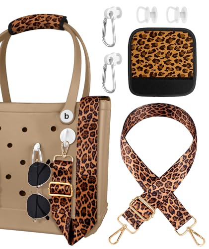 Image of Bag Strap Crossbody Charms for Bogg Bag Accessories - Shoulder Strap Neoprene Luggage Handle Wrap for Suitcase & 2 Key Holders Brown Leopard