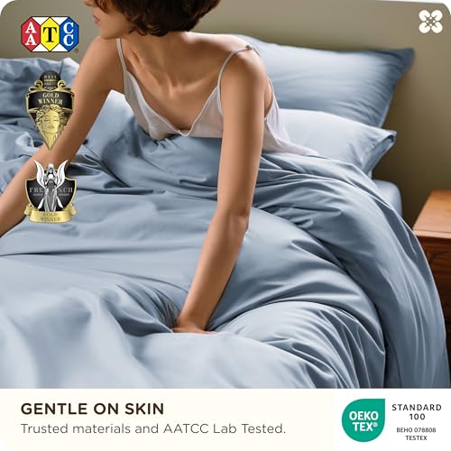 Image of Bedsure Cooling Duvet Cover King Size, Cotton & Viscose Derived from Bamboo Duvet Cover Set, PureWoven Ultra-Soft, Breathable & Lightweight Home Bedding for All Seasons (Light Blue,104 inchx90 inch)