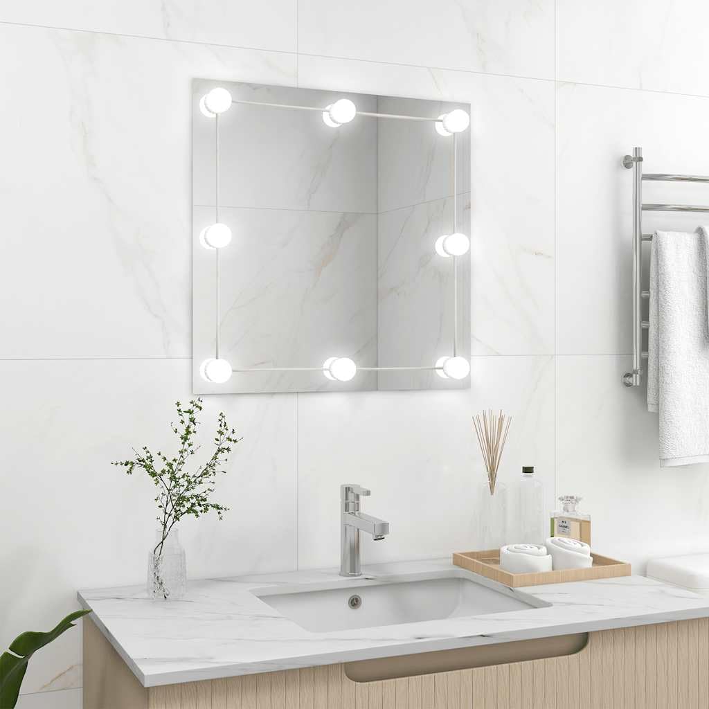 Lustro ścienne z oświetleniem LED, kwadratowe, 60 x 60 cm, szkło ze złączem USB, ciepła biel, zimna biel, do sypialni, salonu, łazienki, nowoczesne wzornictwo