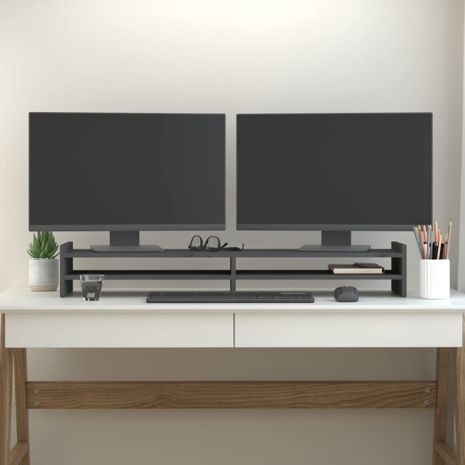 Gecheer Supporto per Monitor Grigio 100x27x15 cm Legno Massello di Pino-PLT1930