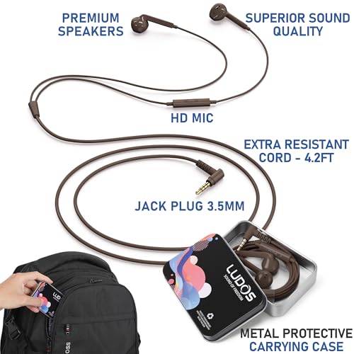 Image of LUDOS FEROX Wired Earbuds in-Ear Headphones, 5 Year Warranty, Earphones with Microphone, Noise Isolation Corded for 3.5mm Jack Ear Buds for iPhone, Samsung, Laptop, Kids, School Students - Brown