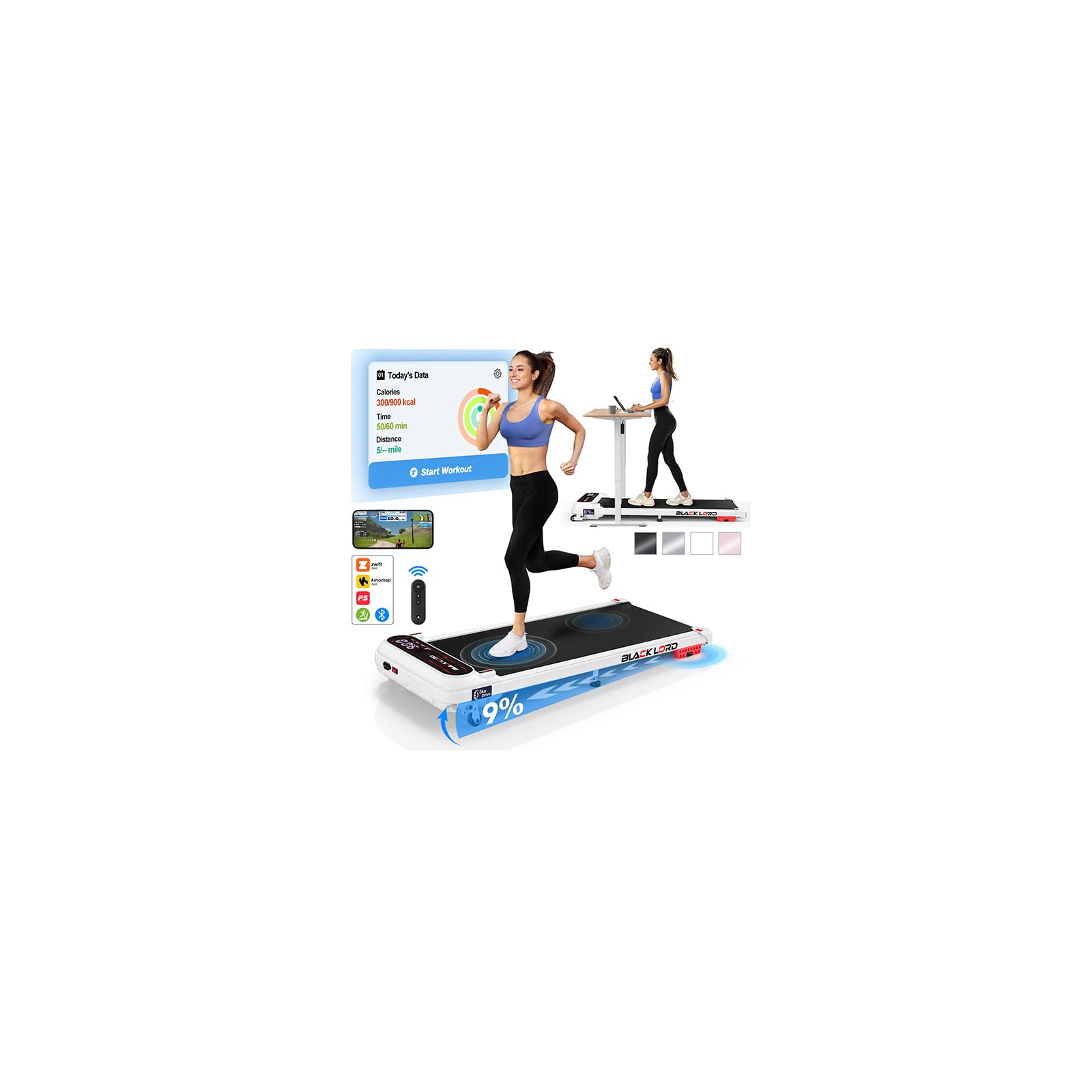 BLACK LORD Walking Pad, Compact Under Desk Treadmill with 9% Incline for Home Office, 3.0HP Portable Walking Treadmill with 130KG Weight Capacity Running Machine, Remote Control, LED Display, White