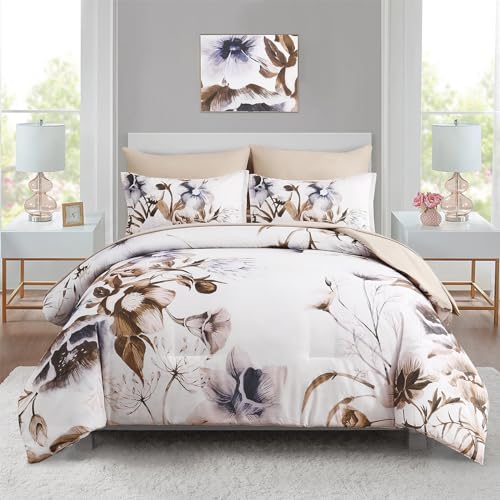 Luxudecor Floral Comforter Set Full Size 7 Piece, Beige Flower Bed in a Bag, Elegant Floral Comforter with Sheet Set, Soft Microfiber Bedding Set for All Season (Beige, 80"x90") by Luxudecor - Used condition - US$35.74