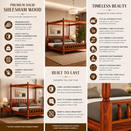 Image of Solid Wood Sheesham Poster Bed Size 84x76x75 in Four Poster Double Bed Furniture for Bedroom Home and Hotel (Queen Size) (Honey Finish)