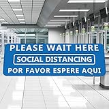 10枚パック - Please Wait Here Social Distancingフロアステッカー – 英語&スペイン語 - 丈夫なビニールデカール 病院 ショッピング 通路 食料品ライン 州および連邦政府の建物用 (12インチ x 4インチ) (ブルー)