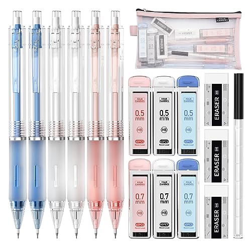 Four-Candies-Mechanical-Pencil-Set-with-Case-6PCS-Aesthetic-Mechanical-Pencils-05-07mm-with-360PCS-HB-Lead-Refills-3PCS-Erasers-9PCS-Eraser-Refills-for-writing-drawing-and-sketching