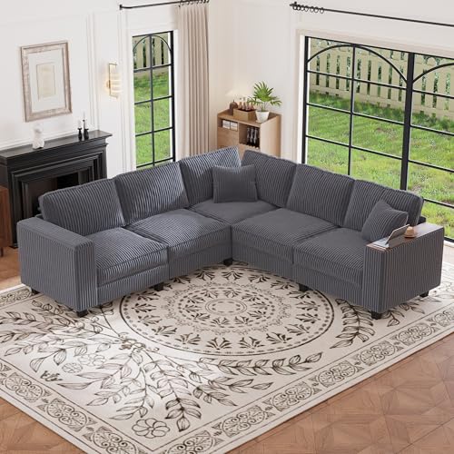 Image of 97 inch L Shaped Sectional Couch, Comfy Corduroy Sectional Couch, Modular Convertible V Shaped Couch, 5 Seat Corner Sofa with 2 Pillows & Storage Armrests for Living Room, Grey