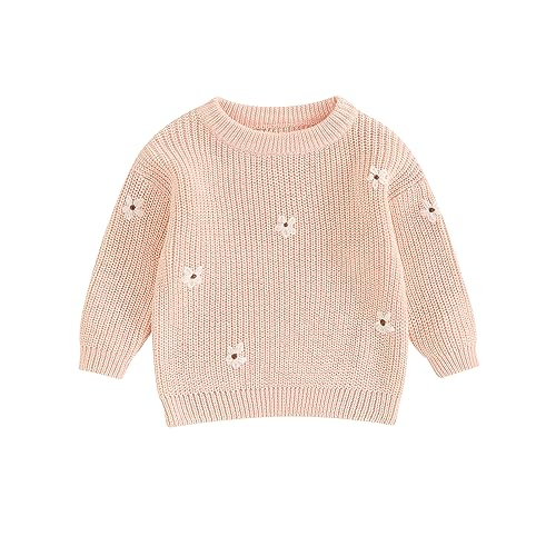 Image of Baby Girl Cable Knit Sweater Long Sleeve Boho Floral Embroidery Oversized Sweatshirt Warm Fall Winter Clothes