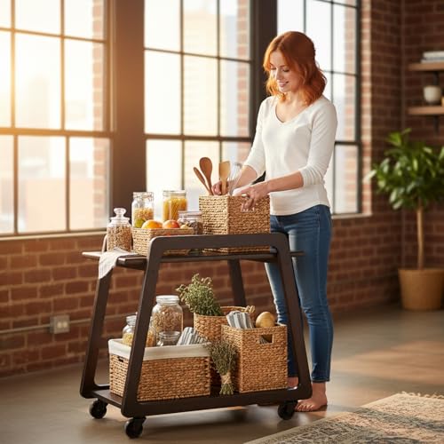 Image of Multipurpose Wood Trolley Storage Organiser with 2 Layers for Kitchen Supplies, Fruits, Vegetables, Onions, Cutlery, Trapezoid-Shaped Kitchen Storage Rack, Black Natural Color