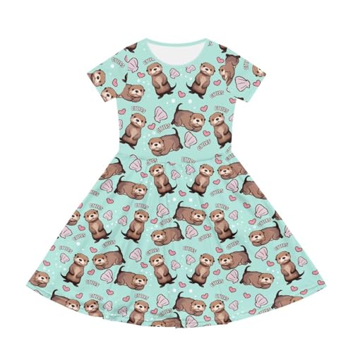 Epaihaiy Vestido de primavera para niñas, vestido de patinadora de manga corta para niños, lindo vestido casual para la escuela, Sea Otter Love, 9-10 años