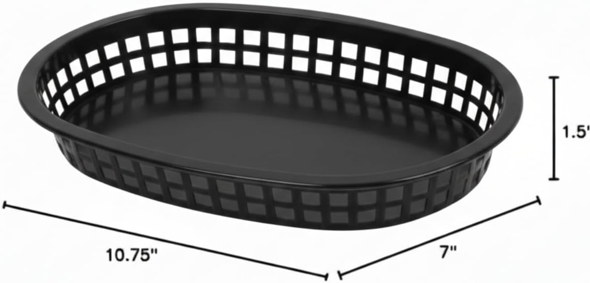 TrueCraftware- 10-3/4" Oblong Fast Food Basket Black Plastic Set of 36- Fry Fast Food Reusable Foodservice Restaurant Diner Tray Plates Restaurant Deli Serving Chicken Burgers Sandwiches & Fries