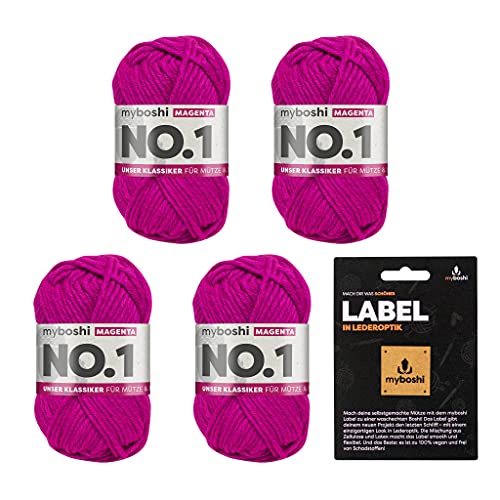myboshi No.1 Wolle zum Häkeln und Stricken, Schnellstrickgarn, inkl. Label, Strickwolle, Häkelwolle, mulesing-frei, Ll. 55m /50g, 30% Wolle (Merinowolle) Rosa (Magenta), 4 Knäuel