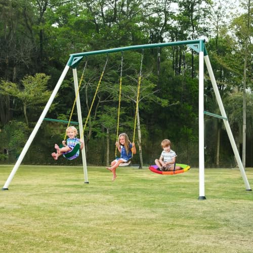 Hapfan 9.5' Heavy Duty Tall Swing Sets for Backyard for Kids and Adults with Saucer Swing, 2 Belt Swings (Patented)