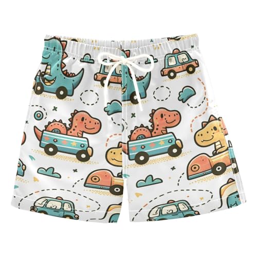 FLildon Cute Dinosaurs Drive Cars Little Boys Swim Trunks with Mesh Lining Quick Dry Beach Board Shorts, 3T