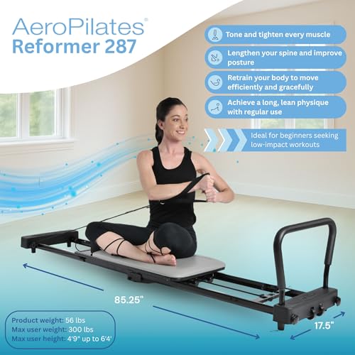 Stamina Products AeroPilates 287 Pilates Reformer – Home Gym Equipment with Adjustable Headrest, Padded Foot Bar, 3 Resistance Cords, and 2 Workout DVDs