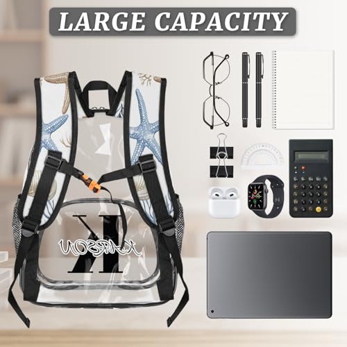 Personalized Nautical Coastal Small Clear Backpack Stadium Approved Heavy Duty PVC Plastic Custom Ocean Beach Seashell Starfish Themed Transparent Backpacks See Through Bag with Name3