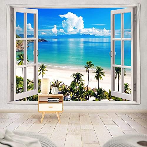 Ocean Beach Tapestry, Hawaii Sea Nature Fake Faux Window Art Tape...