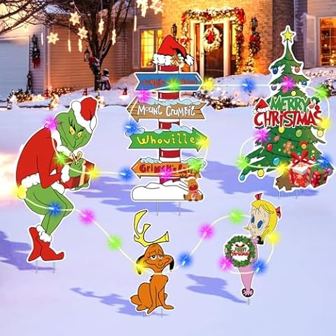 5PCS Grinch Christmas Yard Signs with Lights Cover
