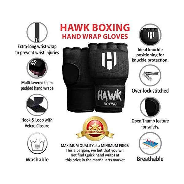 Hawk-Padded-Inner-Gloves-Training-Gel-Elastic-Hand-Wraps-for-Boxing-Gloves-Quick-Wraps-Men-Women-Kickboxing-Muay-Thai-MMA-Bandages-Fist-Knuckle-Wrist-Wrap-Protector-Handwraps-Pair Hawk Padded Inner Gloves Training Gel Hand Wraps for Boxing Quick Wraps Men & Women Kickboxing Muay Thai MMA Bandages Fist Knuckle Wrist Protector Handwraps (Pair) (Black, S/M)