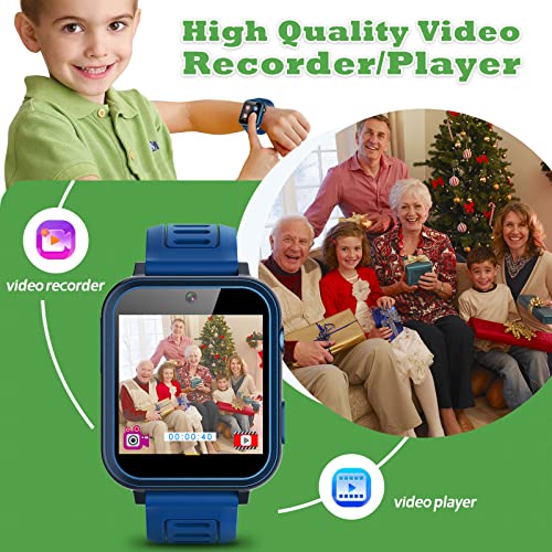 Smart Watch for Kids 4-12 Years Boys Girls,Smartwatch,Aluminum Case with Pink Sport Band,24 Games Camera Voice Music Video Player Recorder,Pedometer Flashlight, Birthday (Blue)