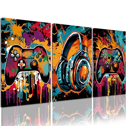 PHOPAGO Framed Cool Gaming Wall Art Video Game Watercolor Graffiti Pictures Neon Gamepad Video Gamer Room Decor for Teenage Boys Gamer Room Decoration 12x16inx3pcs