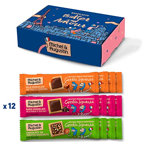 Image of Michel et Augustin Cookies, Individually Wrapped Snacks, inchNighttime in Paris inch Variety Gift Box, Dark and Milk Chocolate Gourmet Shortbread Cookie Bars, Gift Basket, 12-Bars, 4 Cookies per Bar