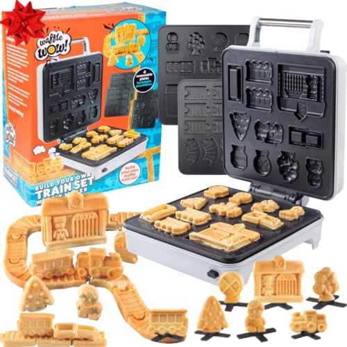 Image of Train Set Waffle Maker – Build Track & Cargo Car Shaped Mini Waffles – Electric Non-Stick Plates, Dishwasher-Safe Removable Inserts for Kids Xmas Breakfast, Pancakes, Snacks, Family Fun Gift & Play!