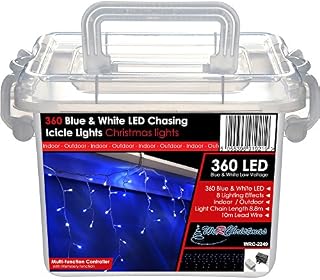 WeRChristmas 360 LED Snowing Icicle Christmas Lights String with Chasing/Static Settings with 18.8 m Cable, Blue and White