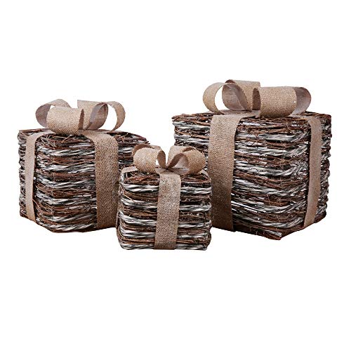 Homegear Christmas Set of 3 Pre-lit Gift Present Boxes w/ 60 LED Lights - Indoor/Outdoor Yard/Lawn Use- Gold Wicker Sparkle