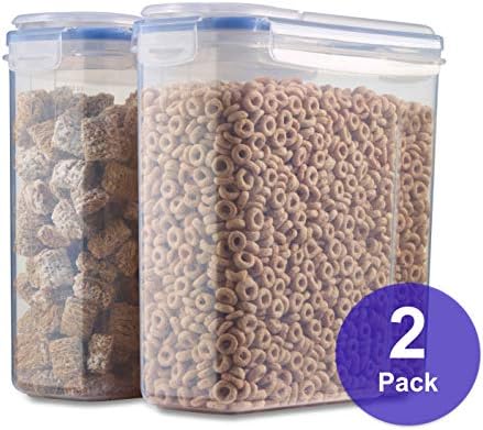 1790 Gallon Cereal Container 2 Pack - Free Label Kit, 4 Sided-Locking Lid, Watertight, Airtight, Space Saving, Built-in Handle - Flour Container, Sugar Dispenser, Food Storage Container