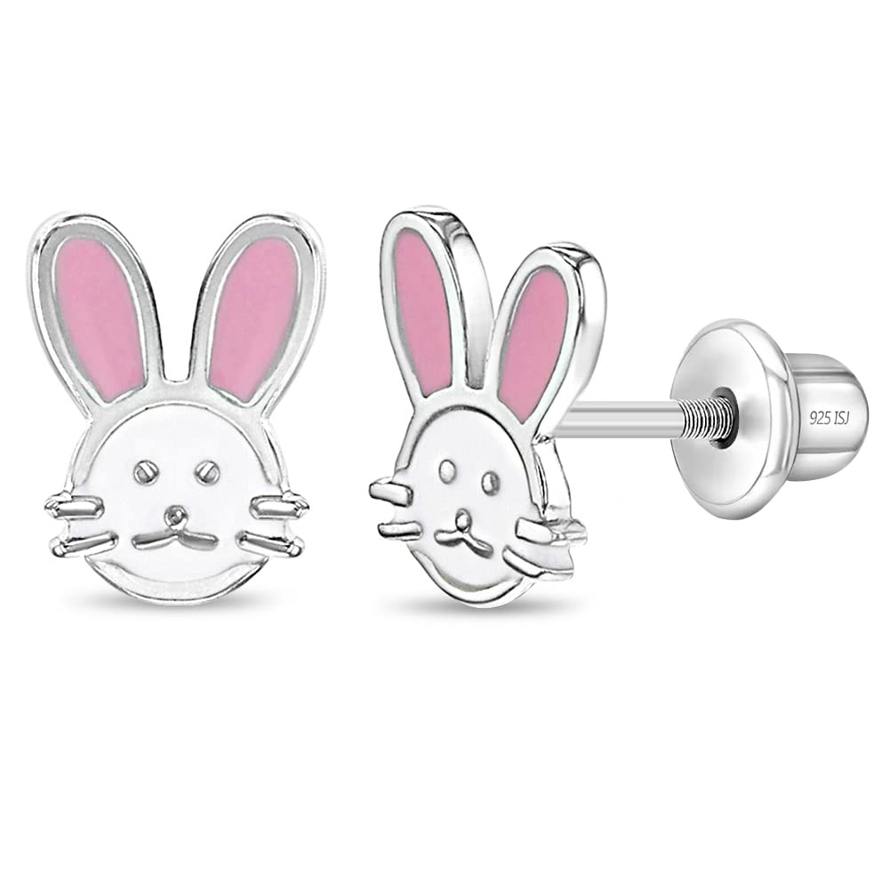 925 Sterling Silver Pink & White Enamel Bunny Screw Back Earrings, Bunny Rabbit Earrings for Young Girls & Preteens- Animal Enamel Studs for