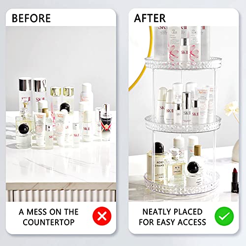 Byfu 3 Tier Rotating Lazy Susan Makeup Organizer, Turntable Clear Diamond Cosmetic Display Storage Tray, Plastic Bathroom Holder Rack For Kitchen, Table, Cabinet, Countertop, Pantry (Clear Diamond) #TOP2