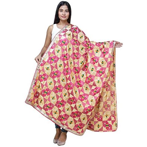 Exotic India Phulkari Dupatta from Punjab with Geometric Patterns and Zari Border - Color MagentaColor One Size fits Most Cover