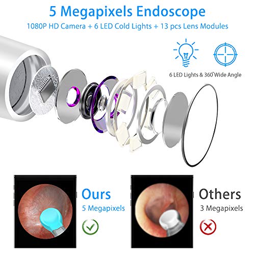 VEEAPE Ear Wax Removal, Earwax Endoscope Remover Tools Ear Scope Otoscope with Light Wireless Ear Camera 1080P HD with 6 LED Lights Ear Cleaner Earwax Candles for iPhone, iPad, Android Phones, Tablet