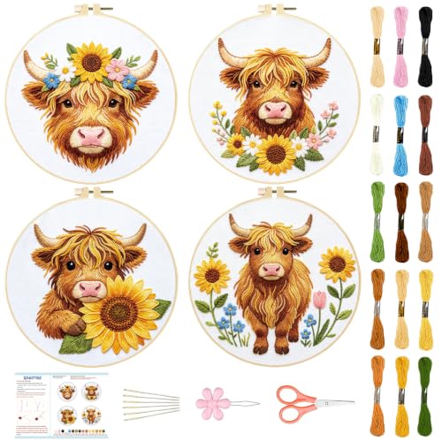 Image of BEUNITONE 4pcs Embroidery Kit, Highland Cow & Sunflowers Stamped Embroidery Kits with Hoop, Thread & Needles, Colorful Cross Stitch Kits Sewing Gifts for Adults and Beginners, DIY Craft for Relaxation